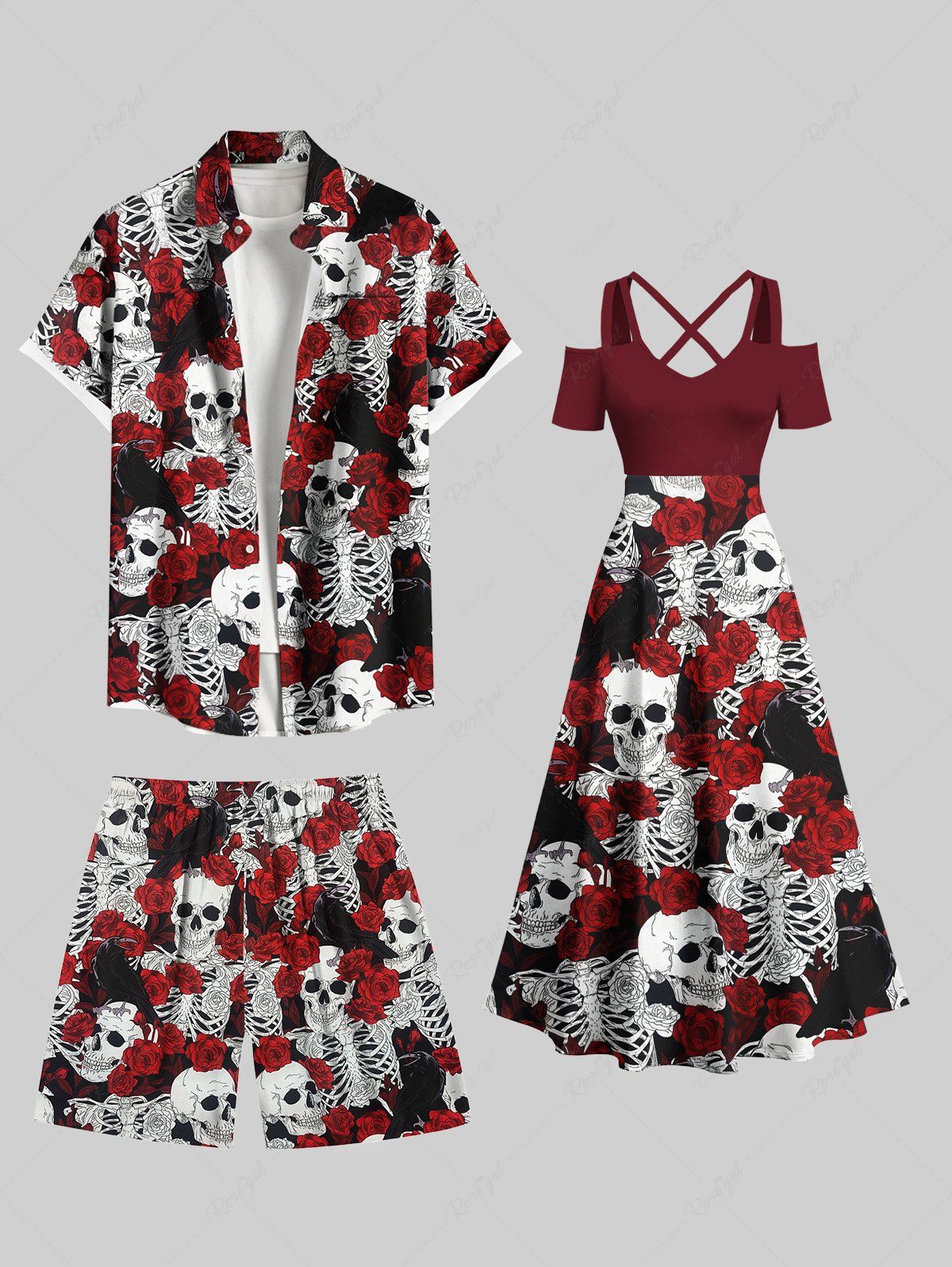 Tenue de plage hawaïenne assortie grande taille à imprimé squelette et têtes de mort et roses pour couples Rouge foncé 