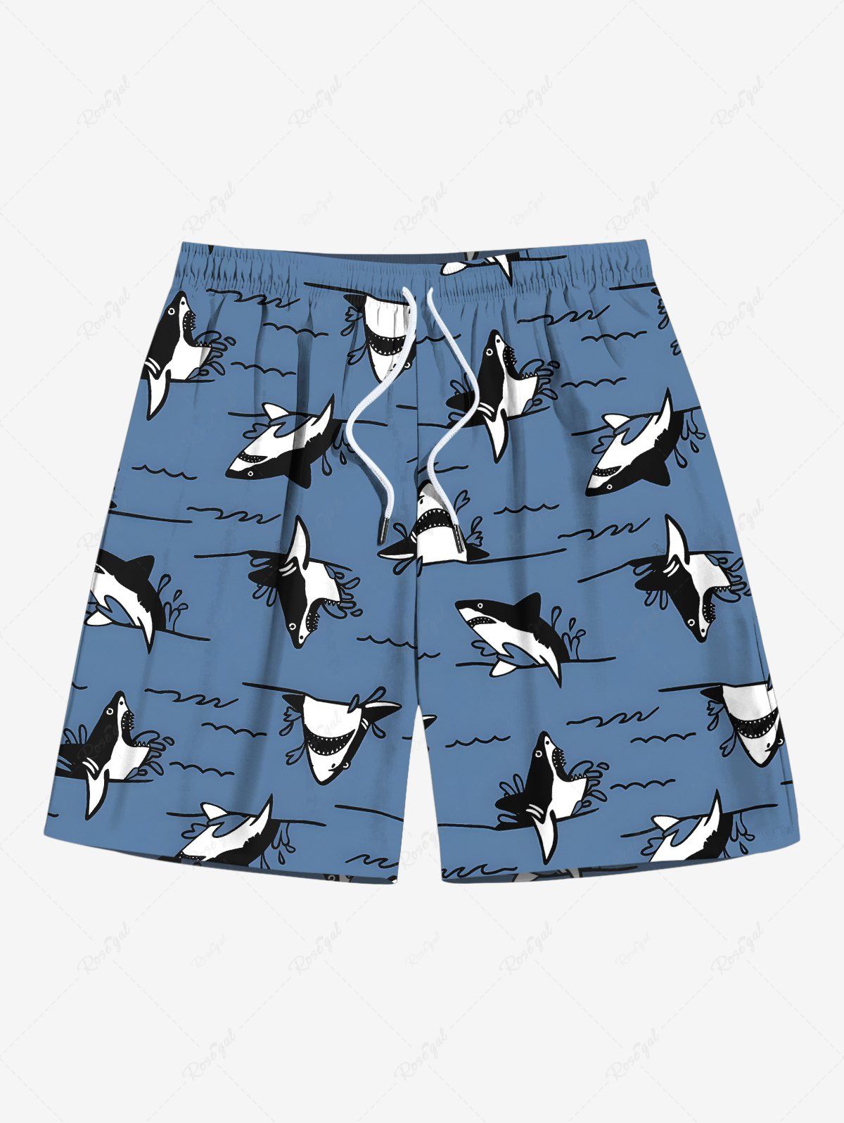 Unique Plus Size Sea Waves Shark Print Hawaii Drawstring Beach Shorts For Men  