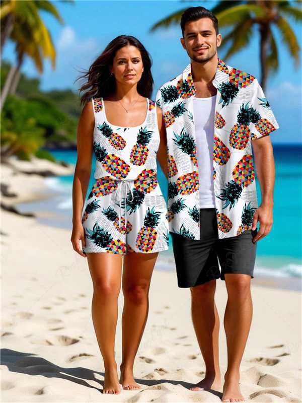 Buy Matching Hawaii Shirt and Romper Plus Size Beach Outfit Colorful Geometric Colorblock Pineapple Print For Couples  