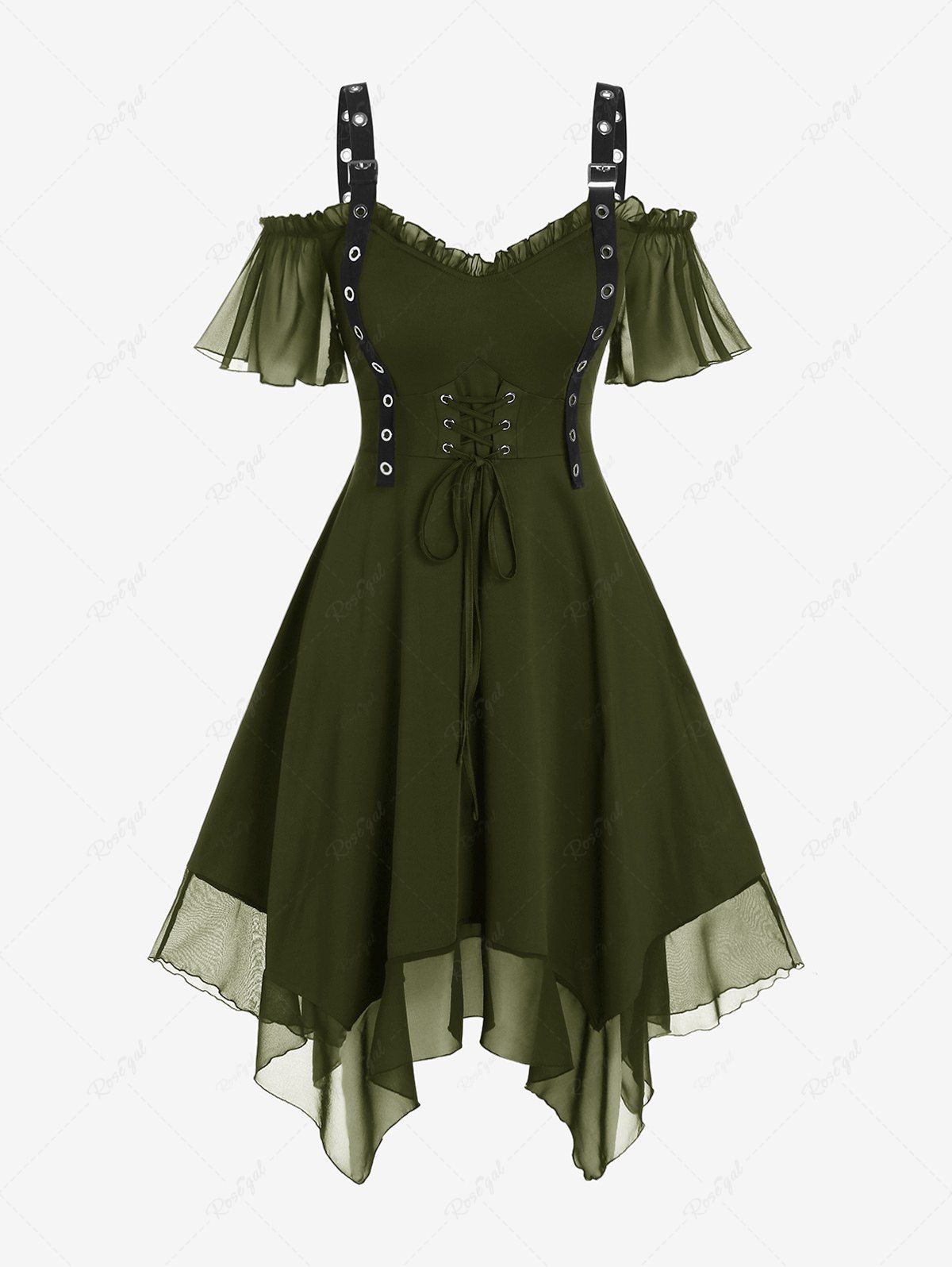 Fashion Gothic Plus Size Cold Shoulder Lace Up Grommet Handkerchief Chiffon Asymmetric Dress  