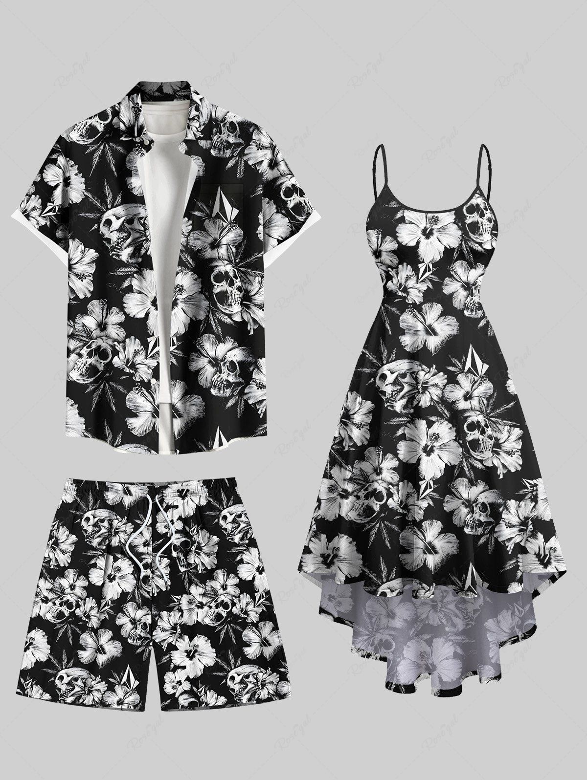 Tenue de plage hawaïenne assortie grande taille à imprimé tête de mort et fleurs tropicales pour couples Noir 
