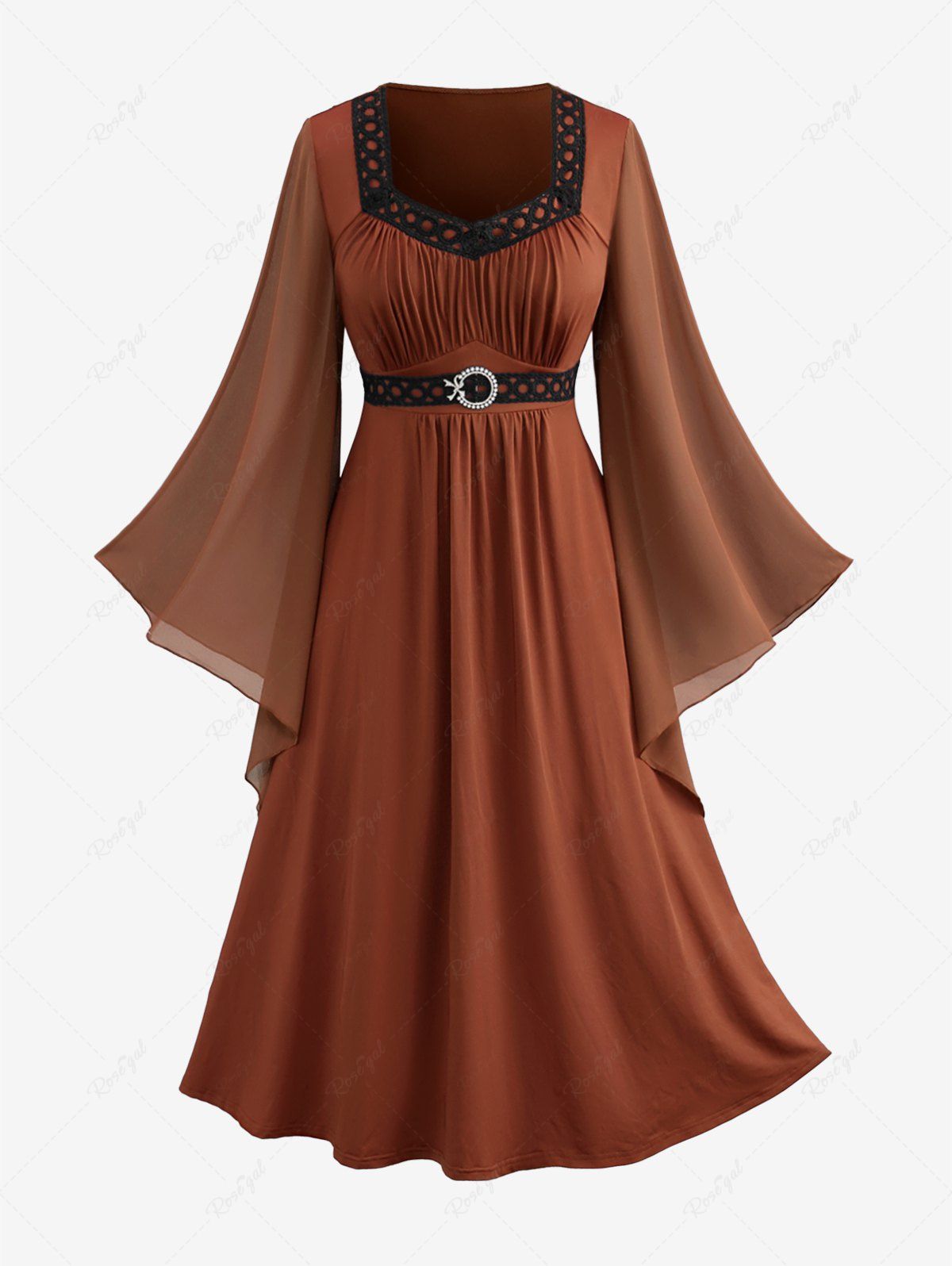 Outfit Plus Size Bell Sleeves Ruched Braided Buckle Belted A Line Renaissance Midi Dress  
