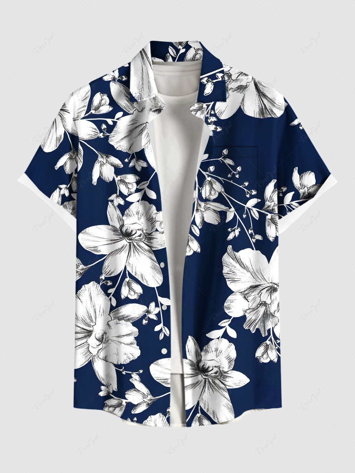 Chemise hawaïenne grande taille à imprimé tropical, fleurs et feuilles, avec poches et boutons, pour homme Bleu profond 5XL