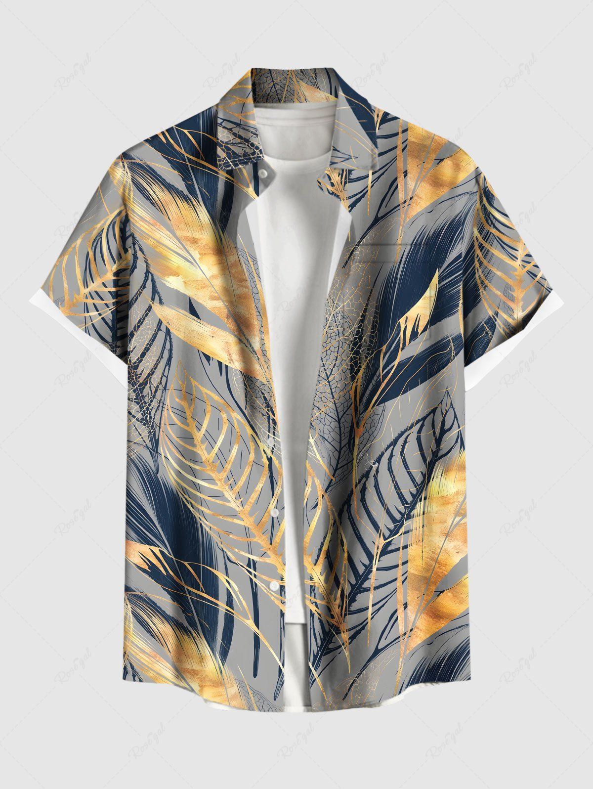 Chemise hawaïenne grande taille à imprimé feuilles tropicales et plumes métalliques, boutons et poches pour homme Gris Clair 2XL