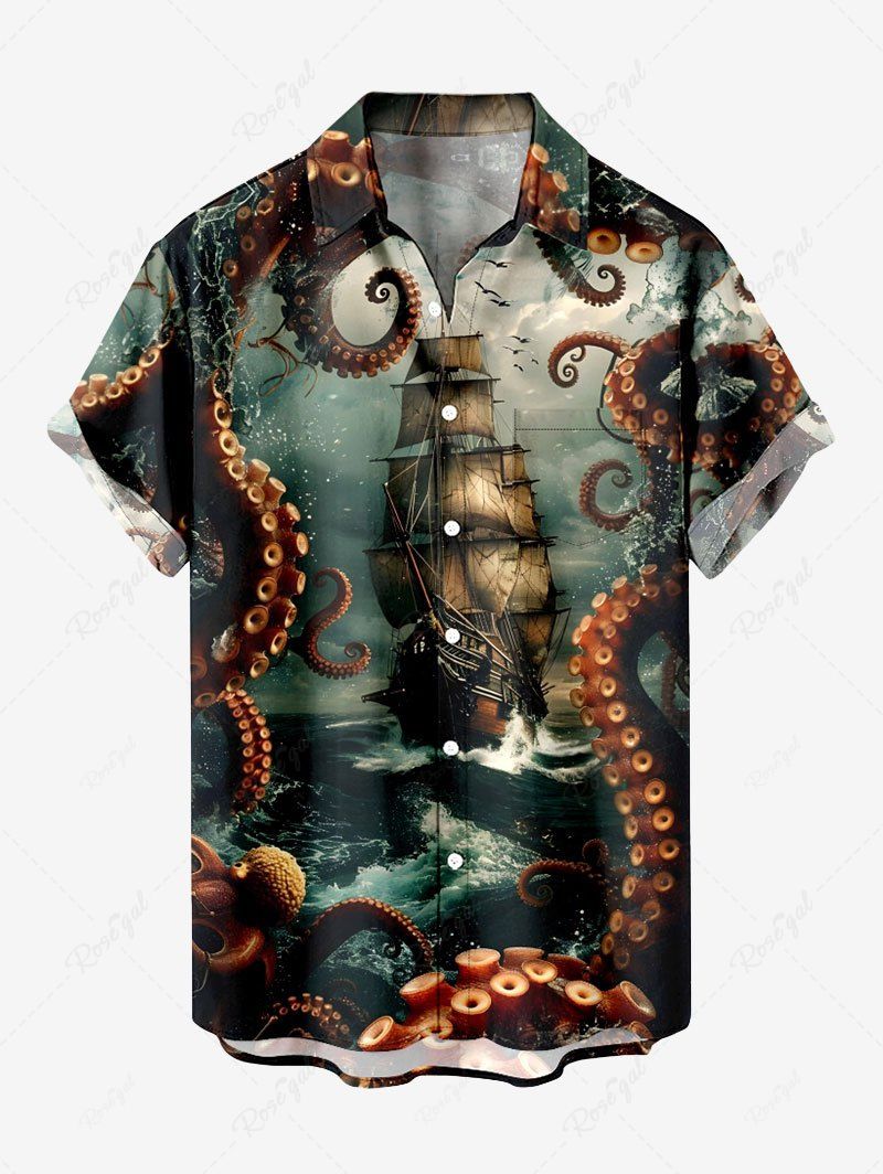 Chemise hawaïenne grande taille à boutons et poches pour homme, motif bateau poulpe, vagues, croisière Vert profond S
