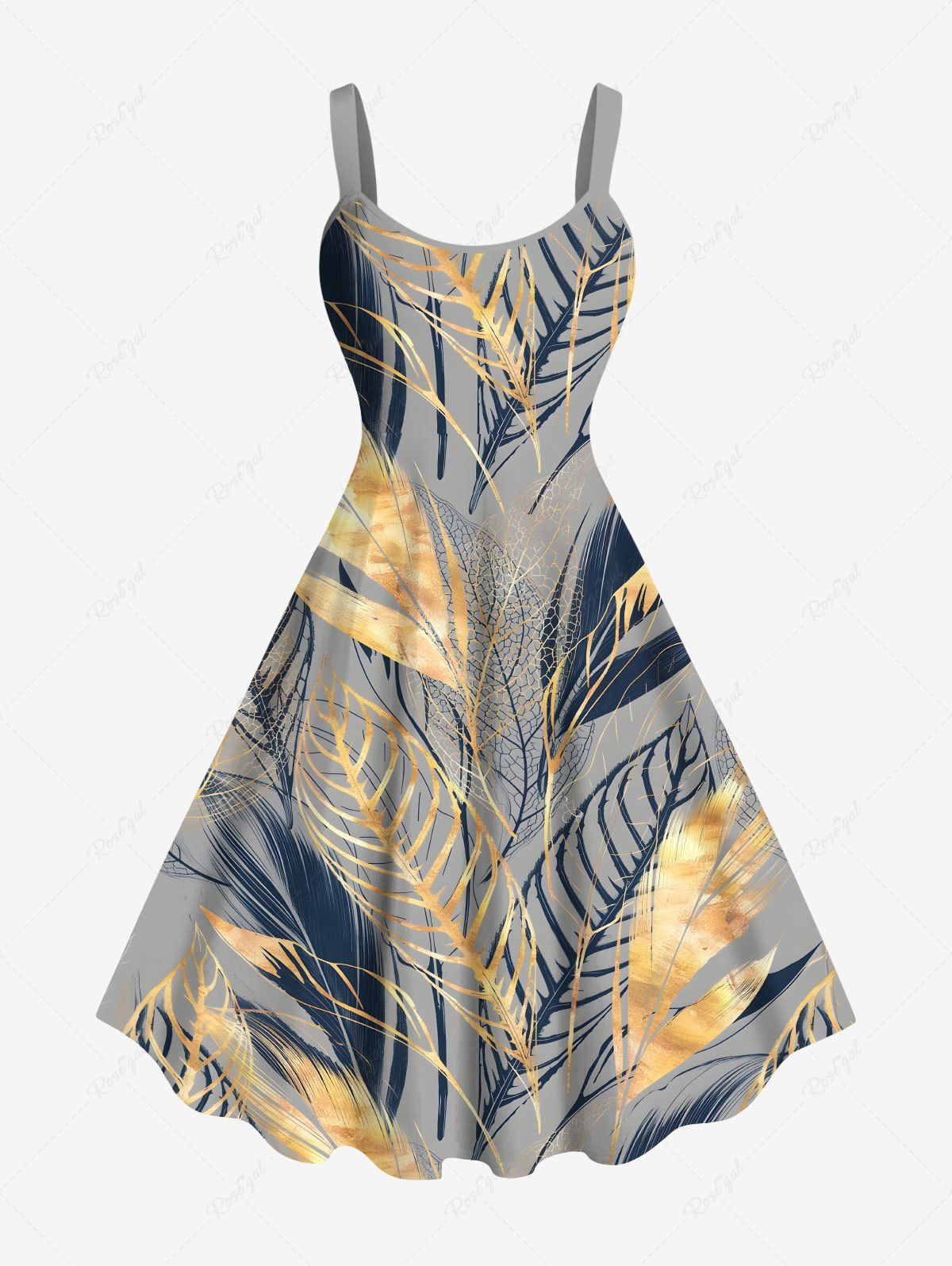 New Plus Size Tropical Leaf Feather Metallic Print Hawaii Tank Dress  