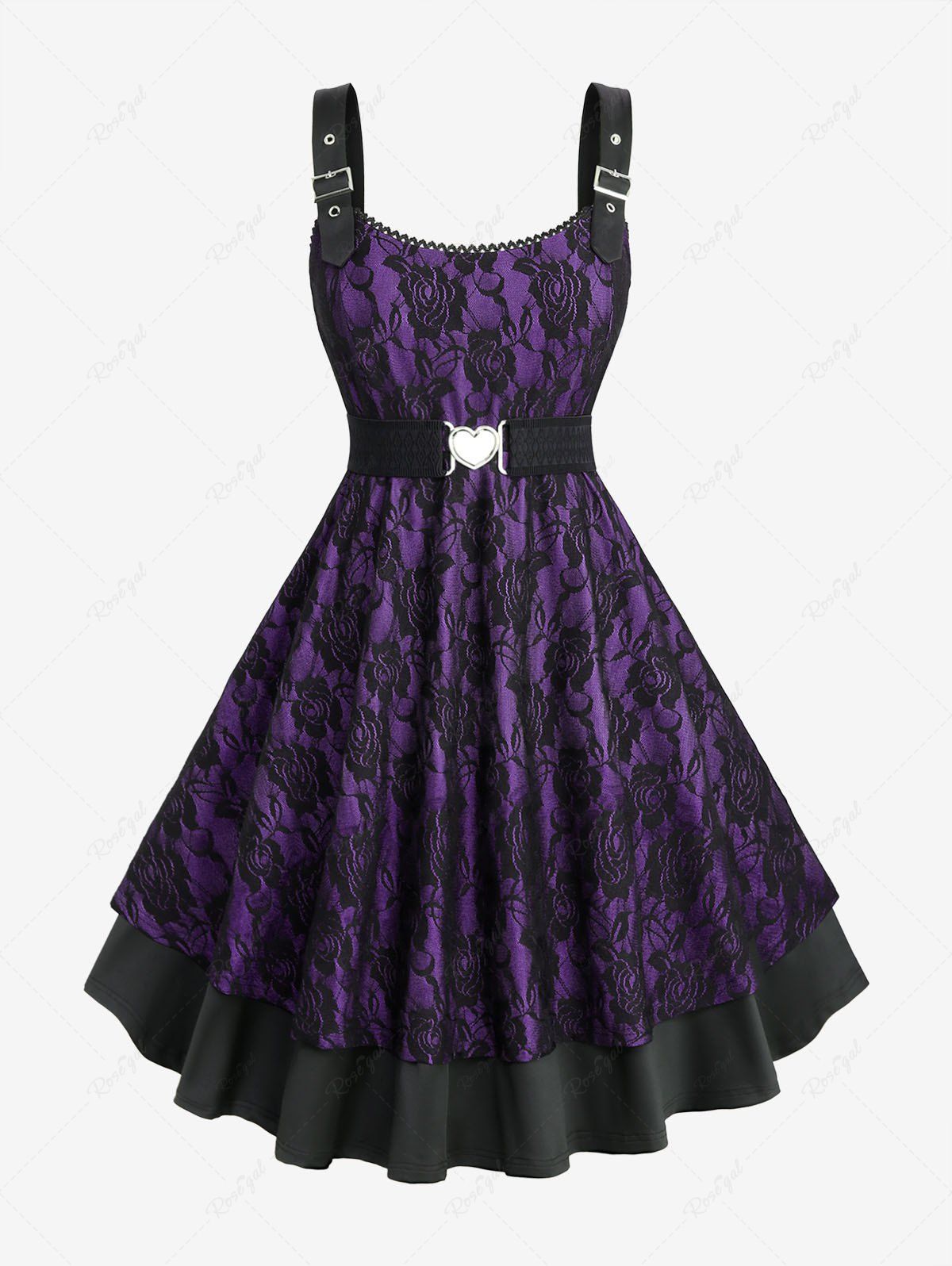 Robe trapèze grande taille à empiècements superposés en dentelle et fleurs roses avec ceinture amovible Pourpre  4X | US 26-28