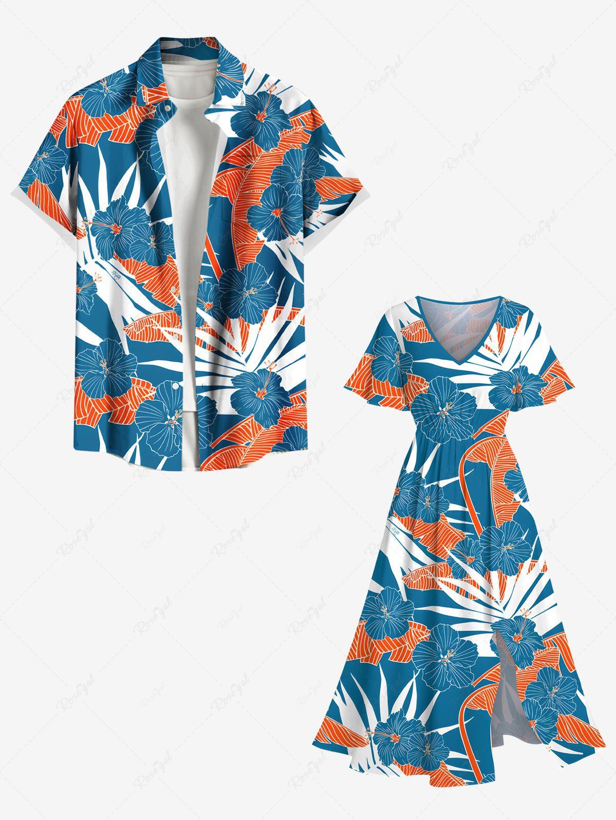 Online Tropical Leaf Hibiscus Flower Print Plus Size Matching Hawaii Beach Outfit For Couples  