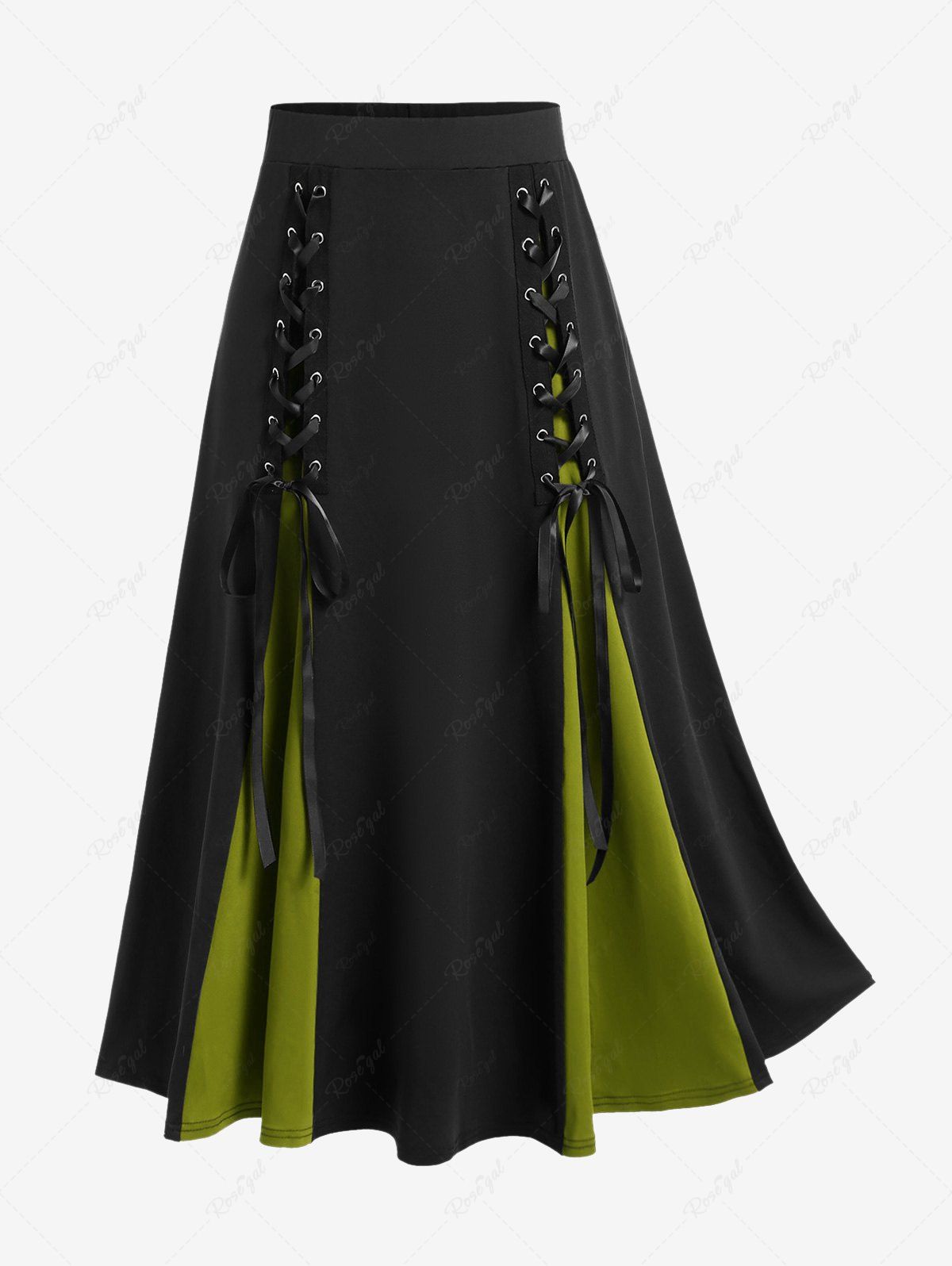 Costume de vampire d'Halloween gothique à lacets, jupe de marche victorienne mi-longue à ourlet godet bicolore Vert clair L | US 12