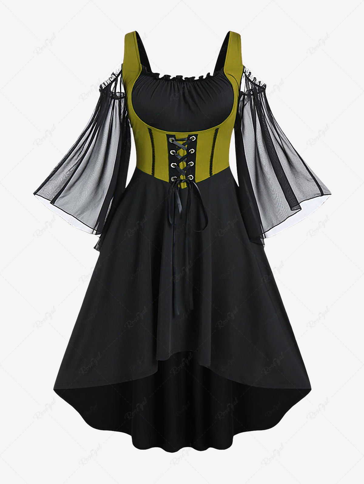 Trendy Plus Size Lace Up Cold Shoulder Flare Sleeves High Low Ruched Renaissance Corset Dress  