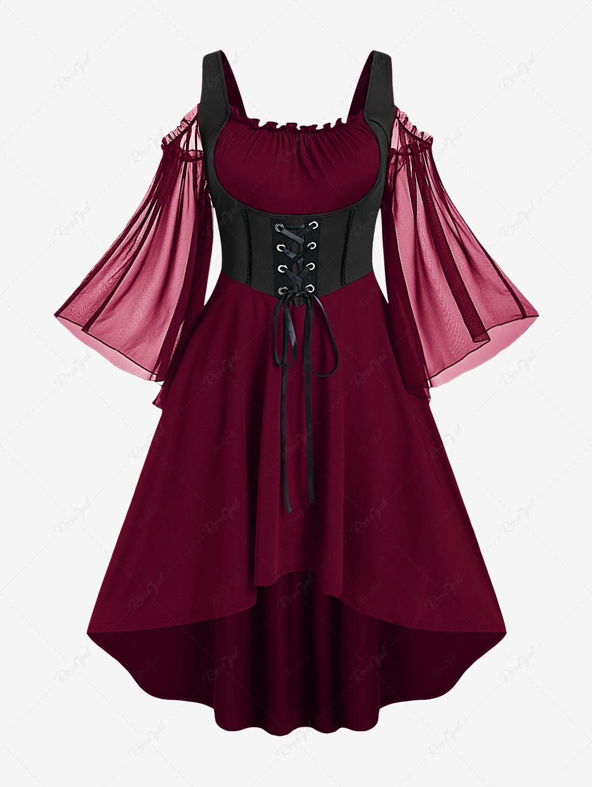 Outfit Plus Size Lace Up Cold Shoulder Flare Sleeves High Low Ruched Renaissance Corset Dress  