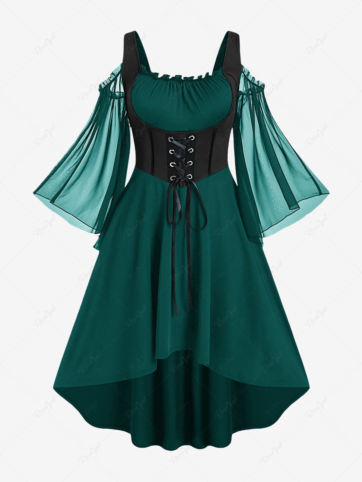 Robe corset Renaissance grande taille à lacets, épaules dénudées, manches évasées, froncée et taille haute Vert Mer Moyen L | US 12