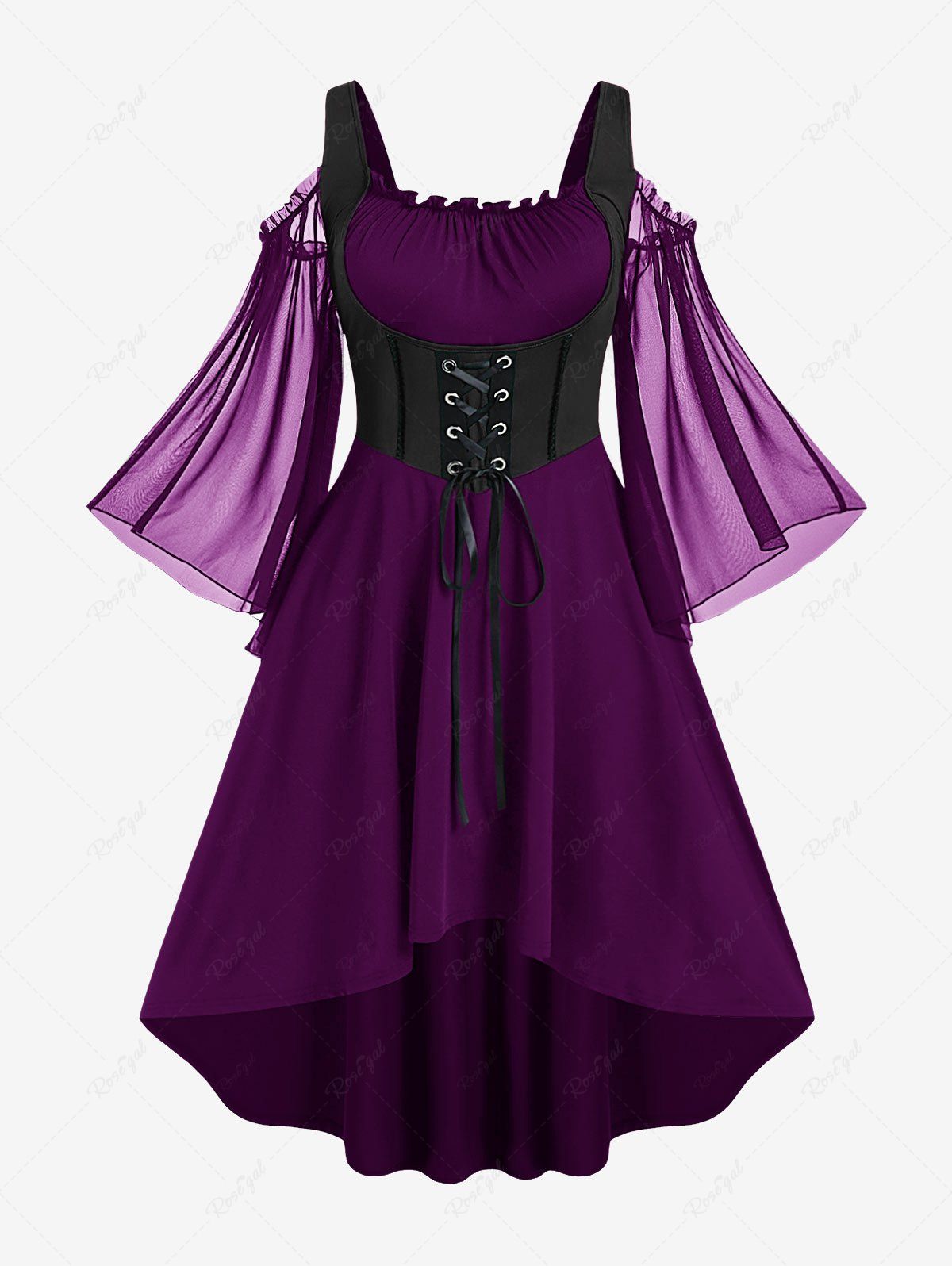 Robe corset Renaissance grande taille à lacets, épaules dénudées, manches évasées, froncée et taille haute Marron 1X | US 14-16