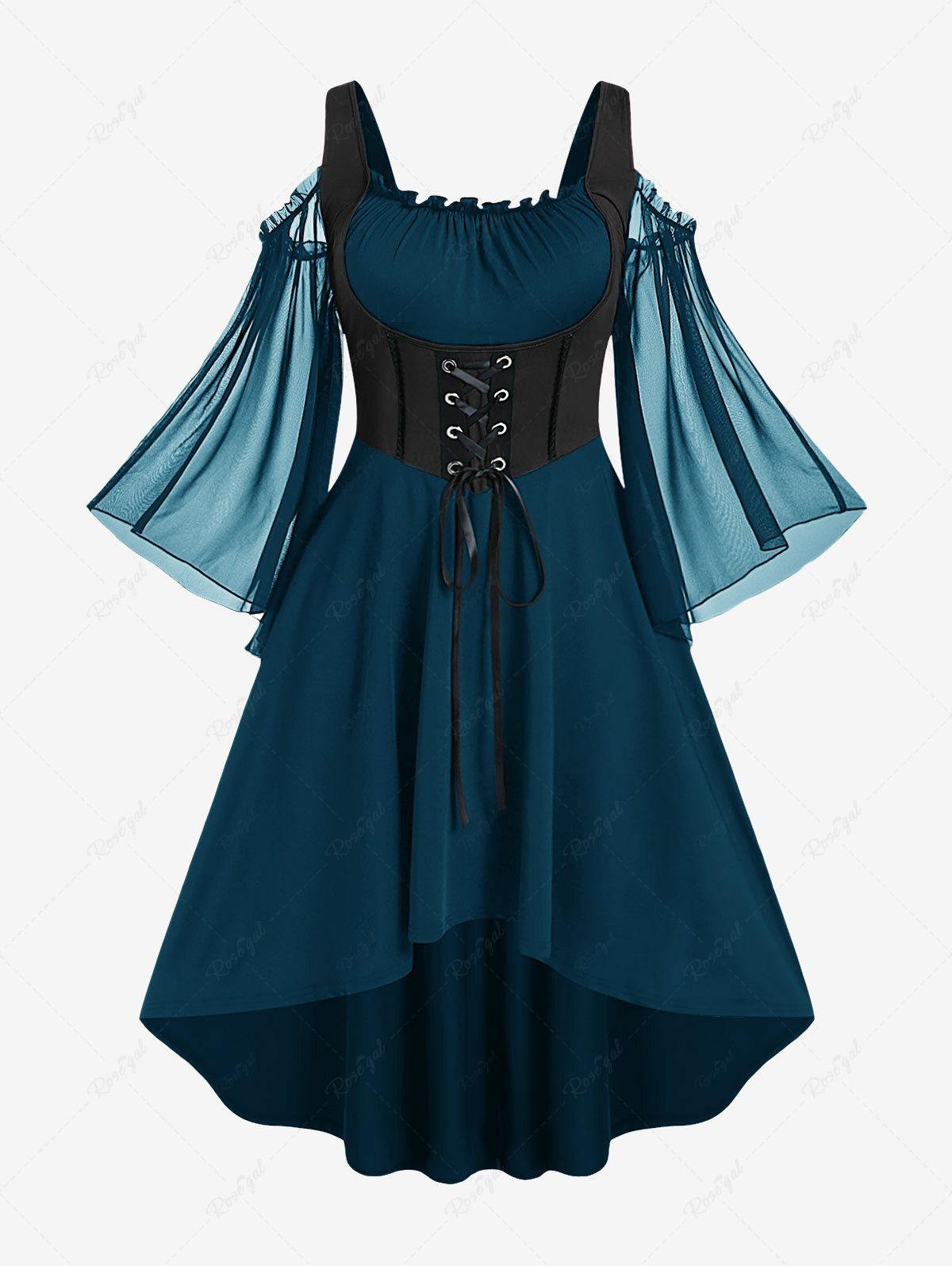 Robe corset Renaissance grande taille à lacets, épaules dénudées, manches évasées, froncée et taille haute Bleu Ciel 5x | US 30-32