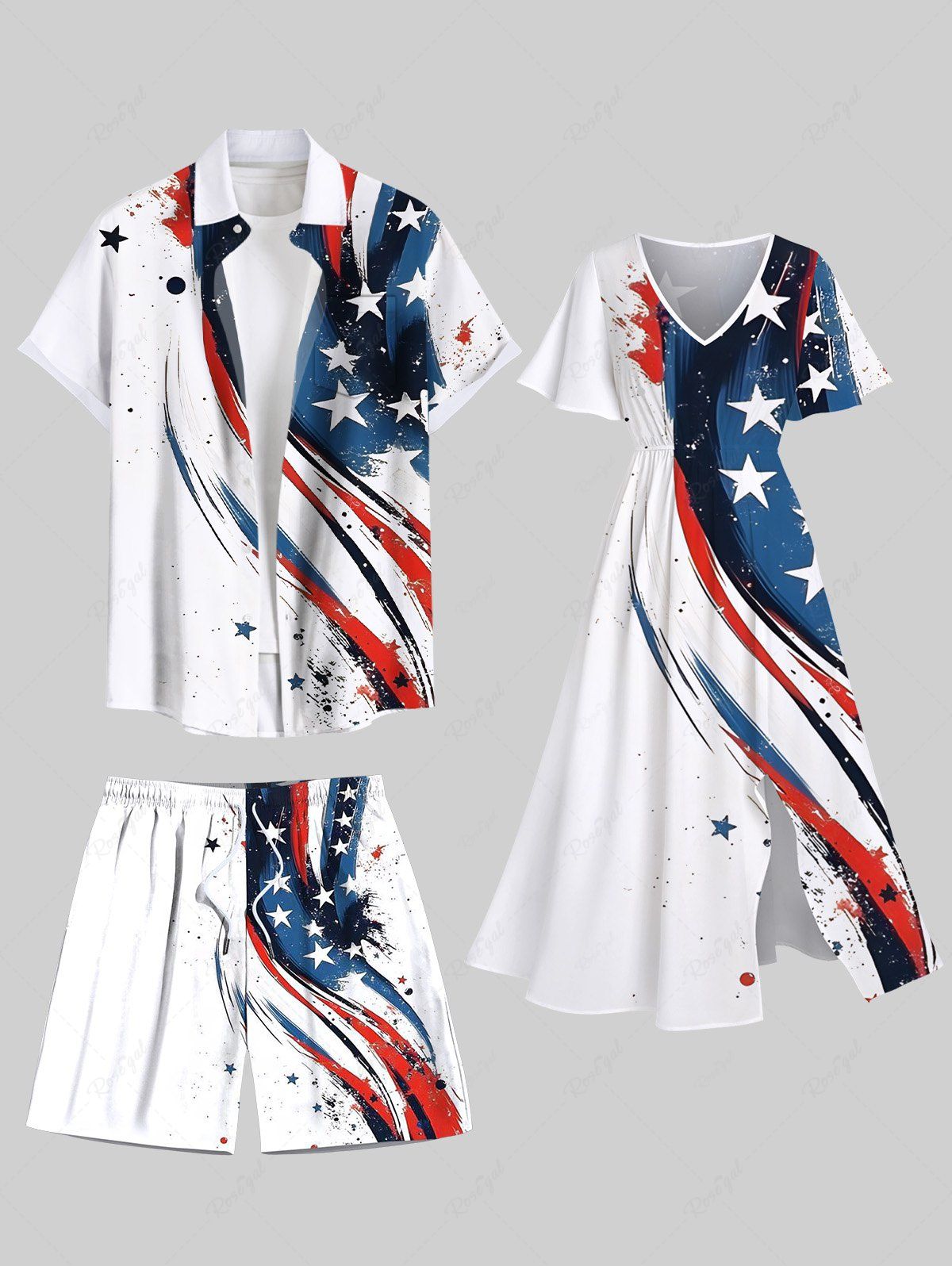 Sale Painting Splatter Patriotic American Flag Curve Print Plus Size Matching Outfit For Couples  