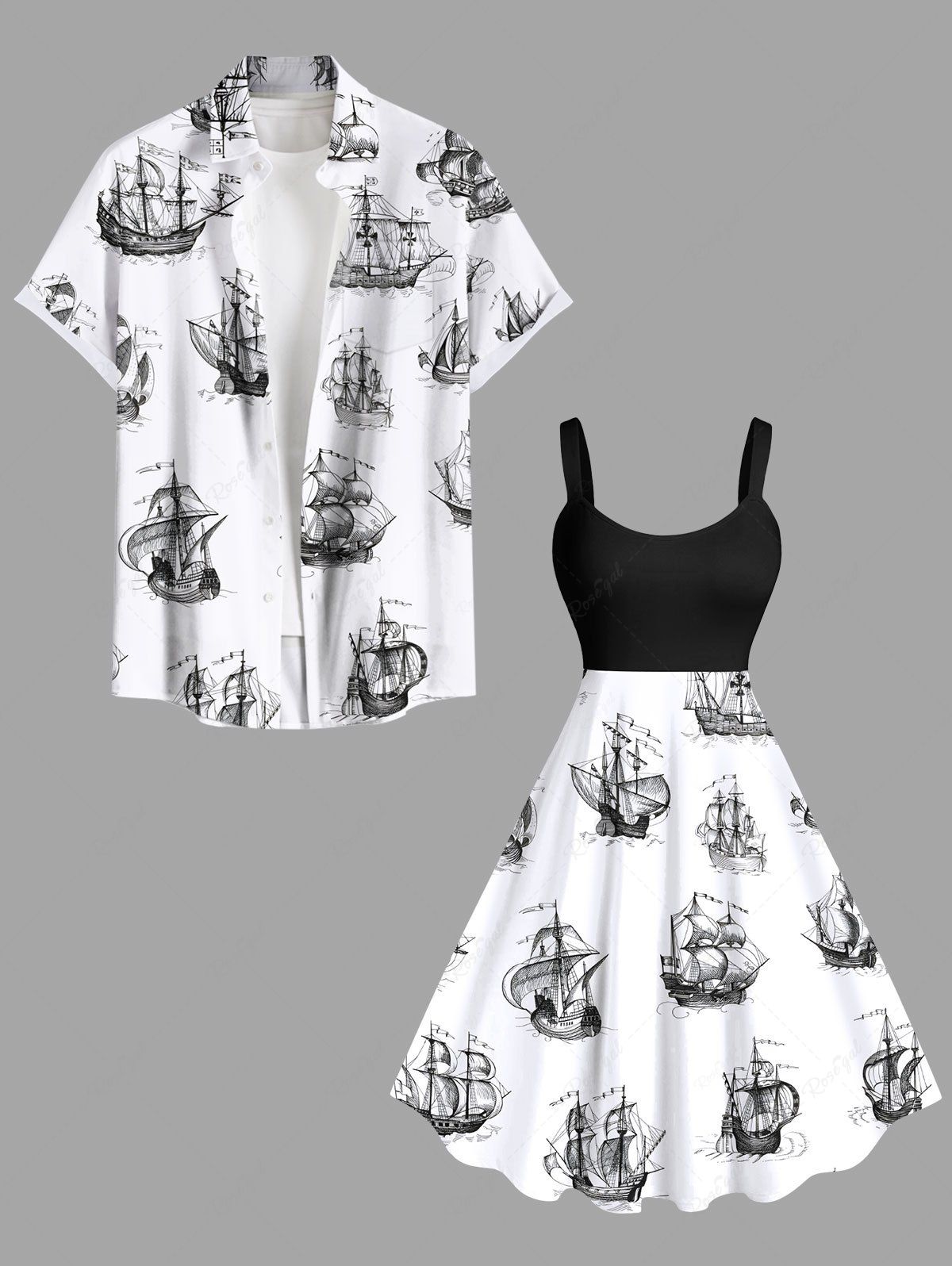 Tenue de plage hawaïenne assortie grande taille à imprimé vagues et bateau pour couples Blanc 