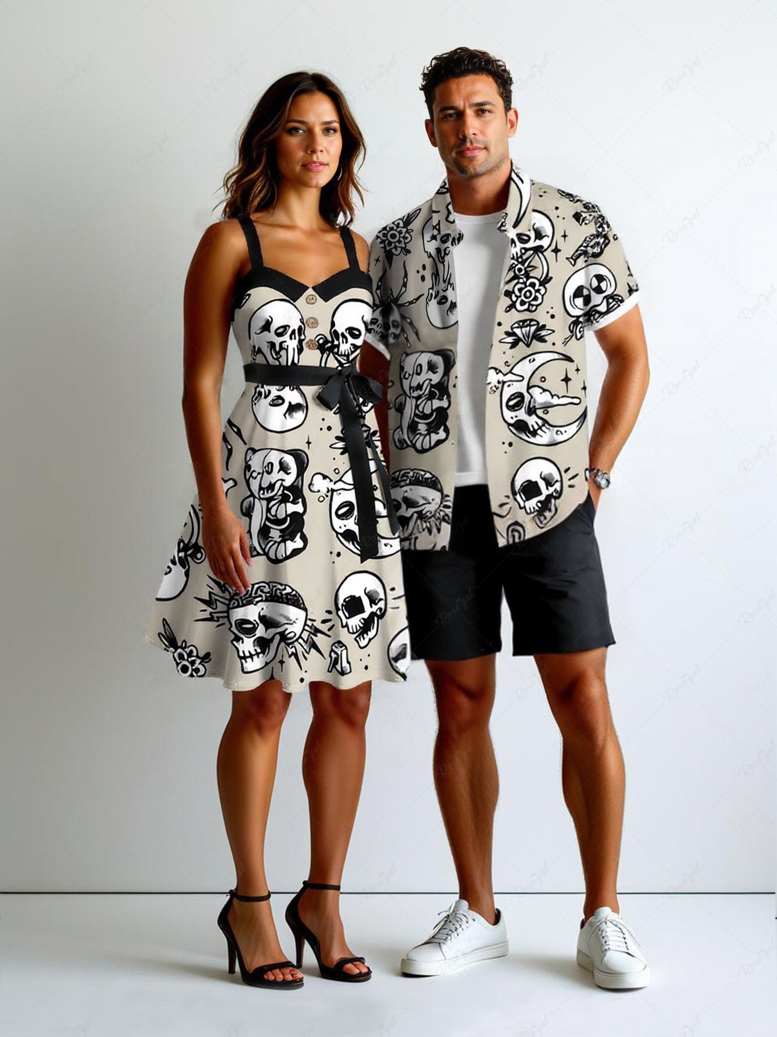 Store Skulls Rose Flower Moon Diamond Print Plus Size Matching Outfit For Couples  