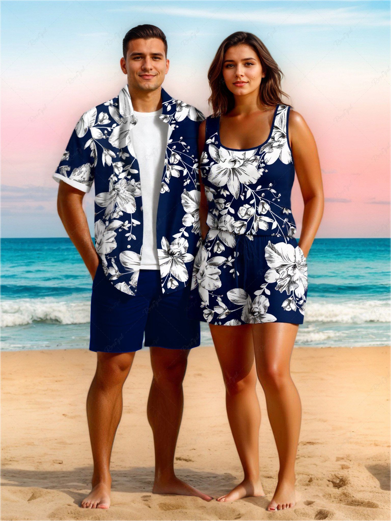 Ensemble chemise et barboteuse hawaïennes assorties, grande taille, tenue de plage, imprimé feuilles tropicales et hibiscus, pour couples Bleu 