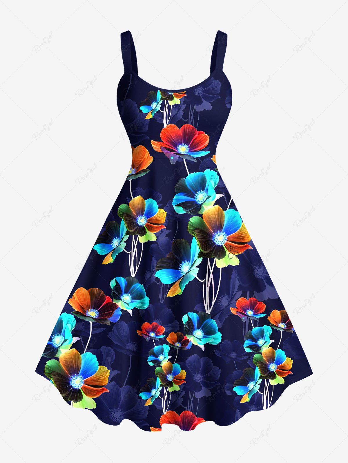 Trendy Plus Size Colorful Ombre Floral Print Hawaii A Line Tank Dress  