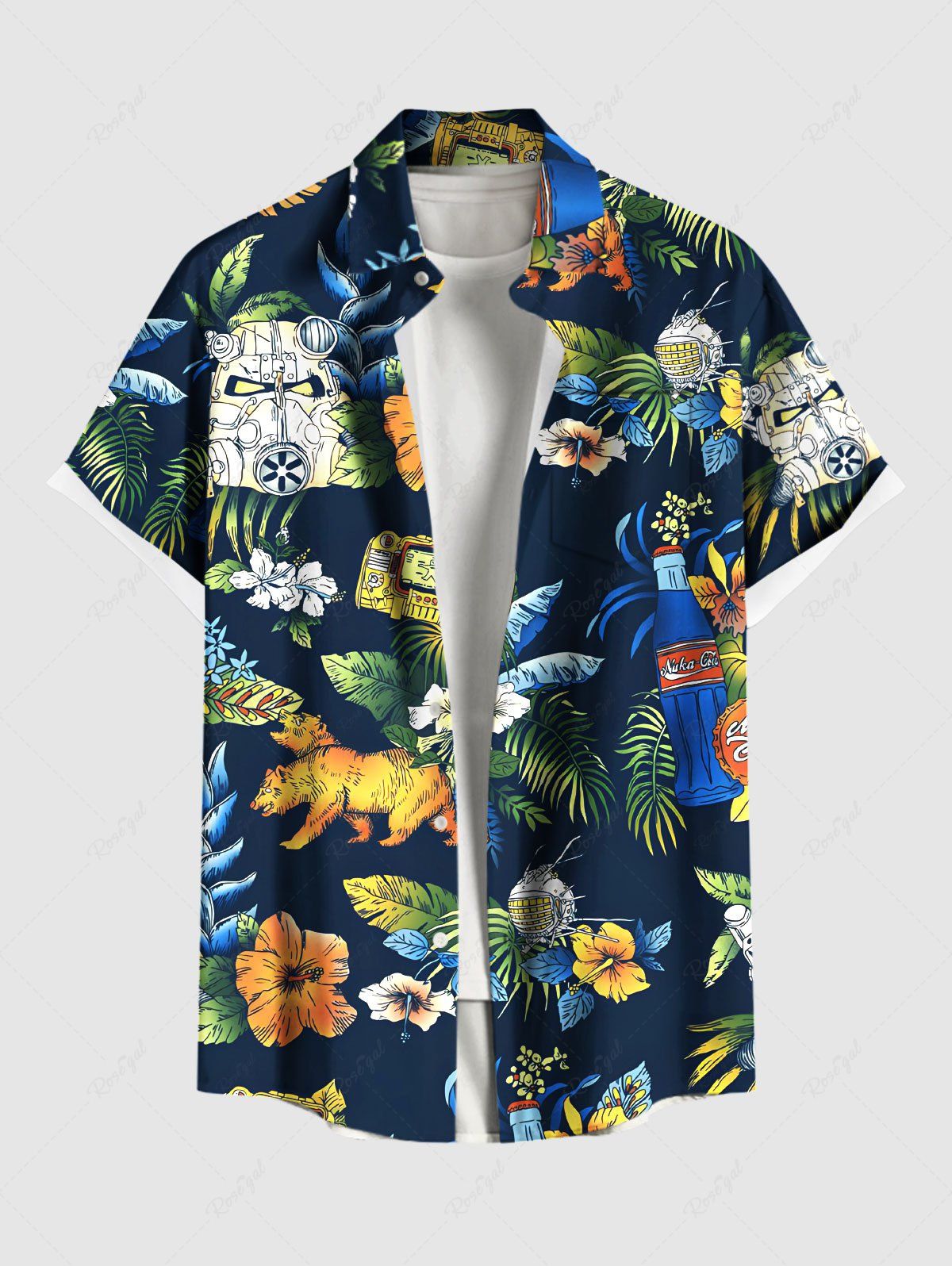 Chemise hawaïenne grande taille à imprimé floral et feuilles tropicales et hibiscus pour homme Noir XL