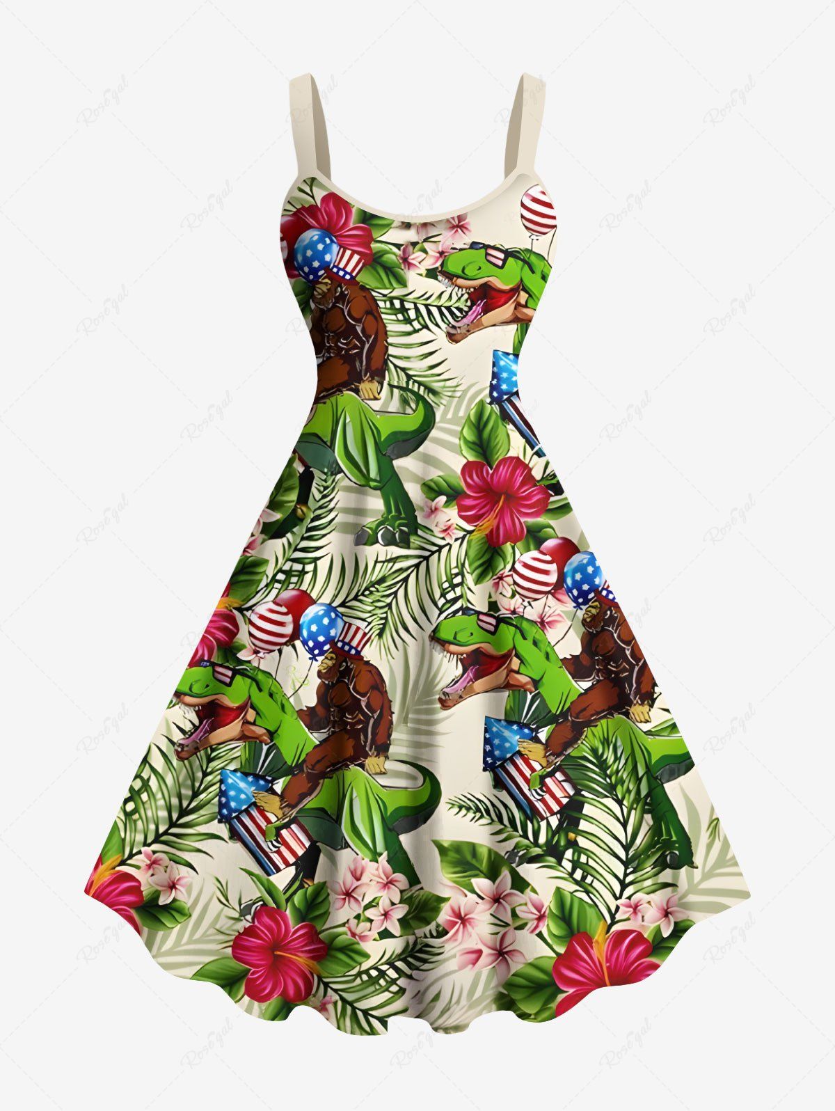 Buy Plus Size Tropical Leaf Hibiscus Flower Gorillas Dinosaur Patriotic American Flag Balloons Print Hawaii Dress  