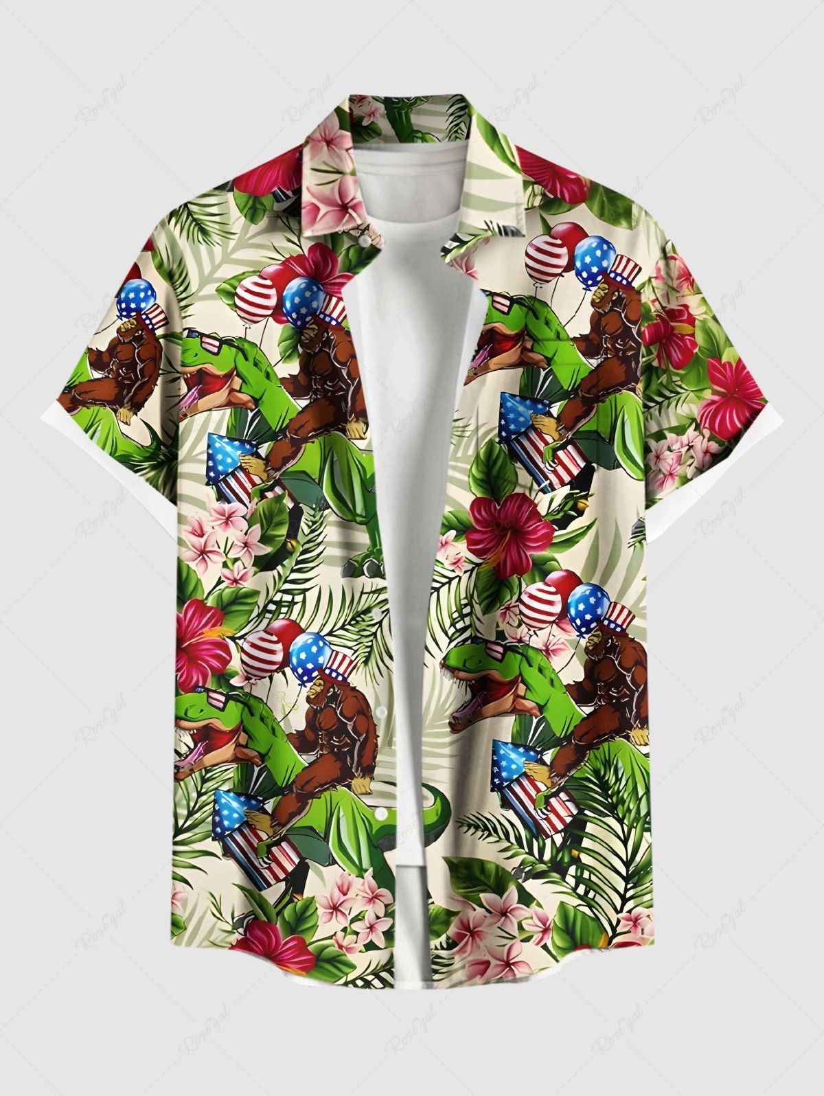 Chemise hawaïenne grande taille à imprimé feuilles tropicales, hibiscus, gorilles, dinosaures, drapeau américain patriotique, ballons, pour homme Vert L