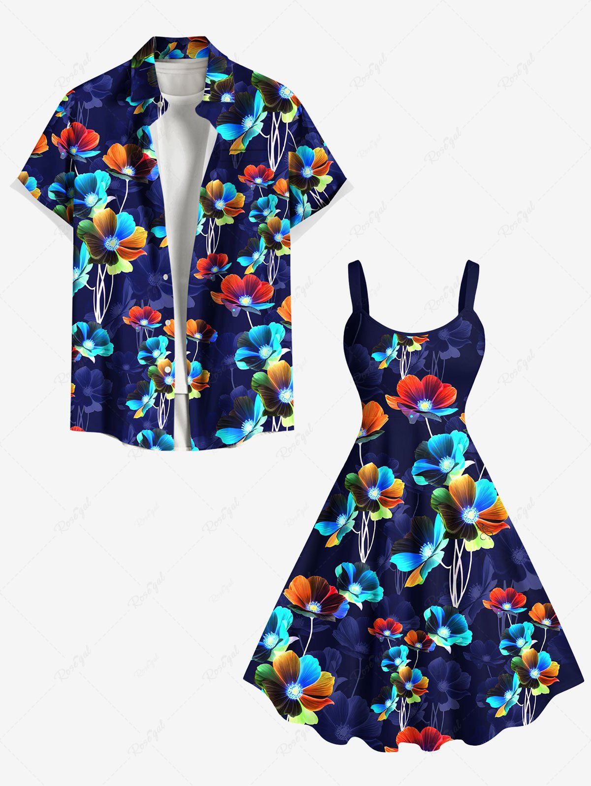 Tenue de plage hawaïenne assortie grande taille à imprimé floral ombré coloré pour couples Bleu profond 