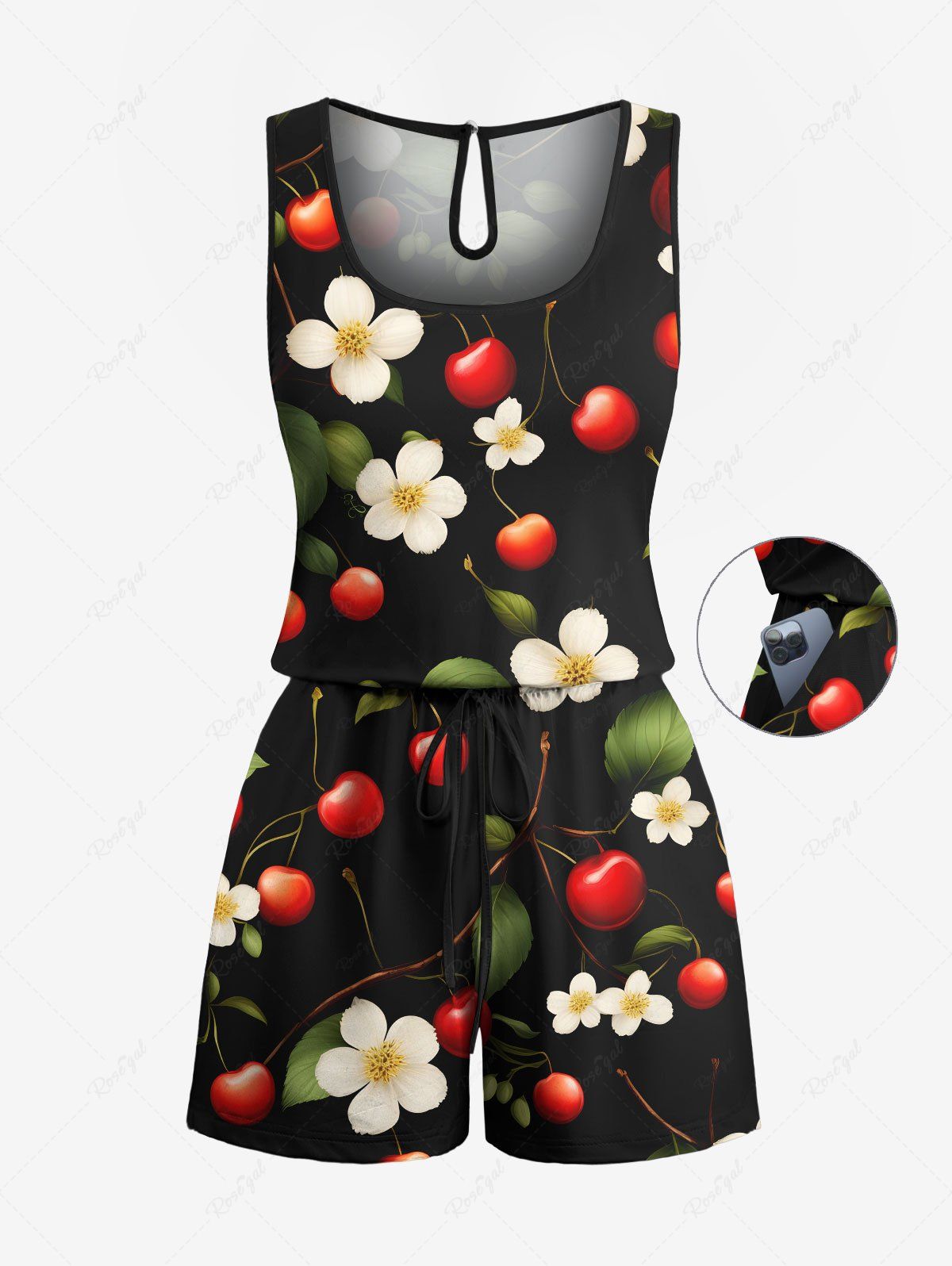Combinaison hawaïenne grande taille à imprimé fleurs et feuilles de cerisier avec cordon de serrage et poches Noir XXS