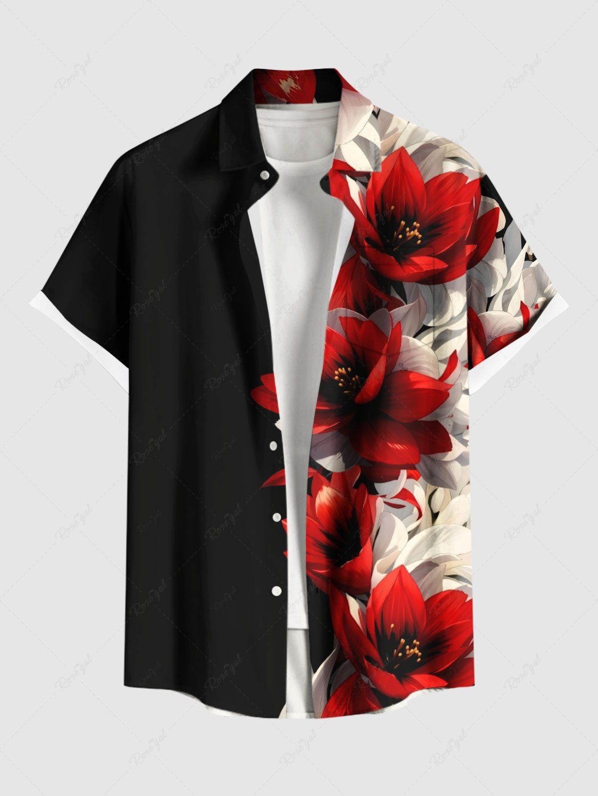 Chemise hawaïenne à boutons et poches, imprimé floral bicolore, grande taille, pour homme Noir XL