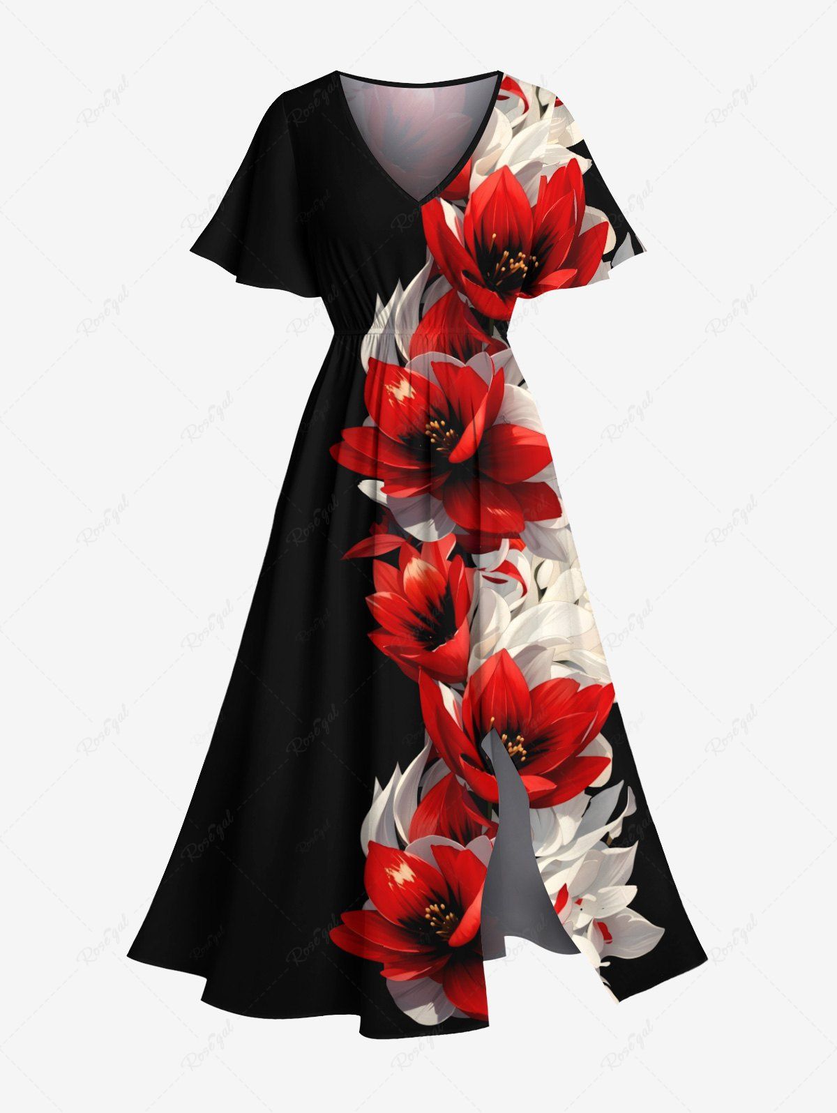 Fancy Plus Size Two Tone Flower Print Hawaii Split Pocket A Line Midi Dress  