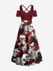 Tenue de plage hawaïenne assortie grande taille à imprimé squelette et têtes de mort et roses pour couples - Rouge foncé 