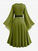 Plus Size Bell Sleeves Ruched Braided Buckle Belted A Line Renaissance Midi Dress -  