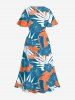 Robe mi-longue hawaïenne fendue grande taille à imprimé feuilles tropicales et fleurs d'hibiscus - Bleu 3X