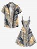 Plus Size Tropical Leaf Feather Metallic Print Hawaii Tank Dress - Gris S