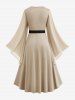 Plus Size Bell Sleeves Ruched Braided Buckle Belted A Line Renaissance Midi Dress -  