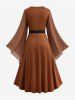 Plus Size Bell Sleeves Ruched Braided Buckle Belted A Line Renaissance Midi Dress -  