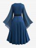 Plus Size Bell Sleeves Ruched Braided Buckle Belted A Line Renaissance Midi Dress -  