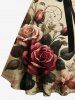 Plus Size Rose Flower Leaves Distressed Newspapaer Print Hawaii Button A Line Dress with Removable Belt -  