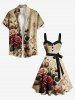 Plus Size Rose Flower Leaves Distressed Newspapaer Print Hawaii Button A Line Dress with Removable Belt -  