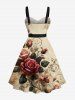 Plus Size Rose Flower Leaves Distressed Newspapaer Print Hawaii Button A Line Dress with Removable Belt -  