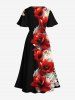 Plus Size Two Tone Flower Print Hawaii Split Pocket A Line Midi Dress -  