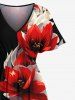 Plus Size Two Tone Flower Print Hawaii Split Pocket A Line Midi Dress -  
