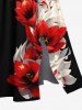 Plus Size Two Tone Flower Print Hawaii Split Pocket A Line Midi Dress -  