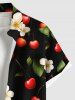 Plus Size Flower Cherry Leaf Print Hawaii Button Pocket Shirt For Men -  
