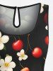 Combinaison hawaïenne grande taille à imprimé floral et feuilles de cerisier avec cordon de serrage et poches - Noir 1X