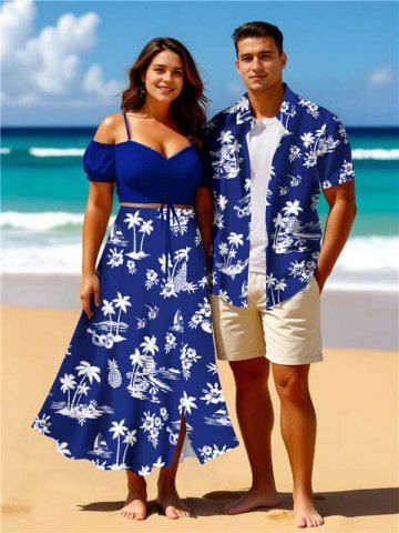 Coconut Tree Seascape Flowers Pineapple Print Plus Size Matching Hawaii Beach Outfit For Couples - BLUE