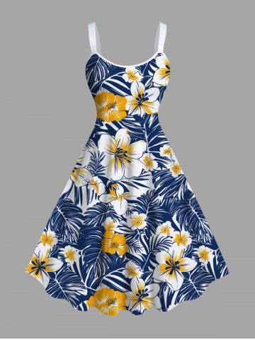 Plus Size Tropical Leaves Hibiscus Floral Print Hawaii A Line Tank Dress - BLUE - L