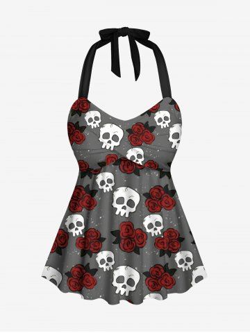 Plus Size Skull Rose Flower Galaxy Print Hawaii Twist Halter Backless Tankini Top - GRAY - 6X