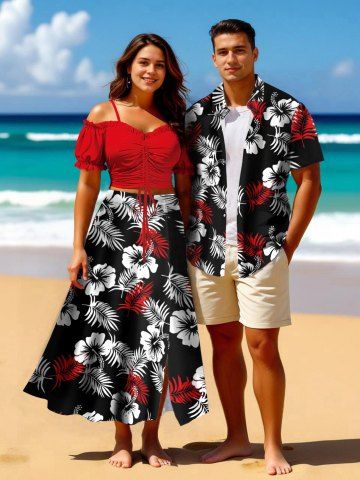 Two Tone Tropical Leaves Hibiscus Floral Print Plus Size Matching Hawaii Beach Outfit For Couples - RED