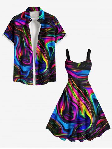 Colorful Ocean Currents Print Plus Size Matching Hawaii Beach Outfit For Couples - BLACK